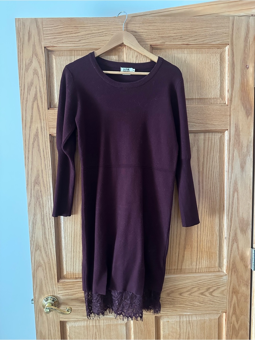 Molly Bracken Deep Wine Long-Sleeve Knit Dress with Lace Hem